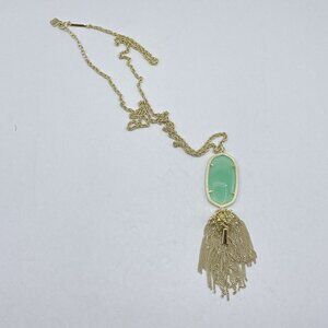 Gold Kendra Scott Necklace With Green Stone & Tassel Pendant
